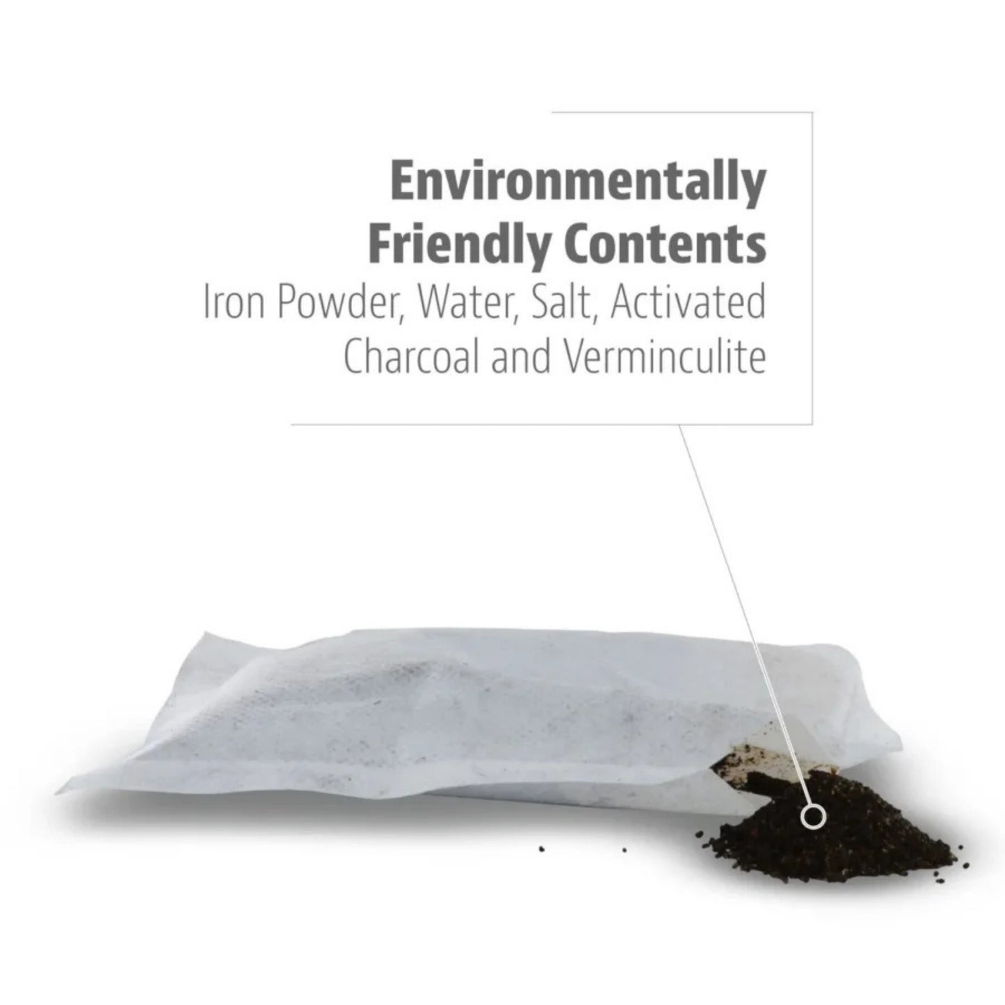 Tea bag with text about environmentally friendly contents on a white background