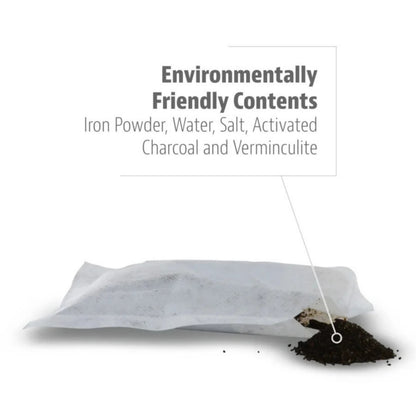 Tea bag with text about environmentally friendly contents on a white background