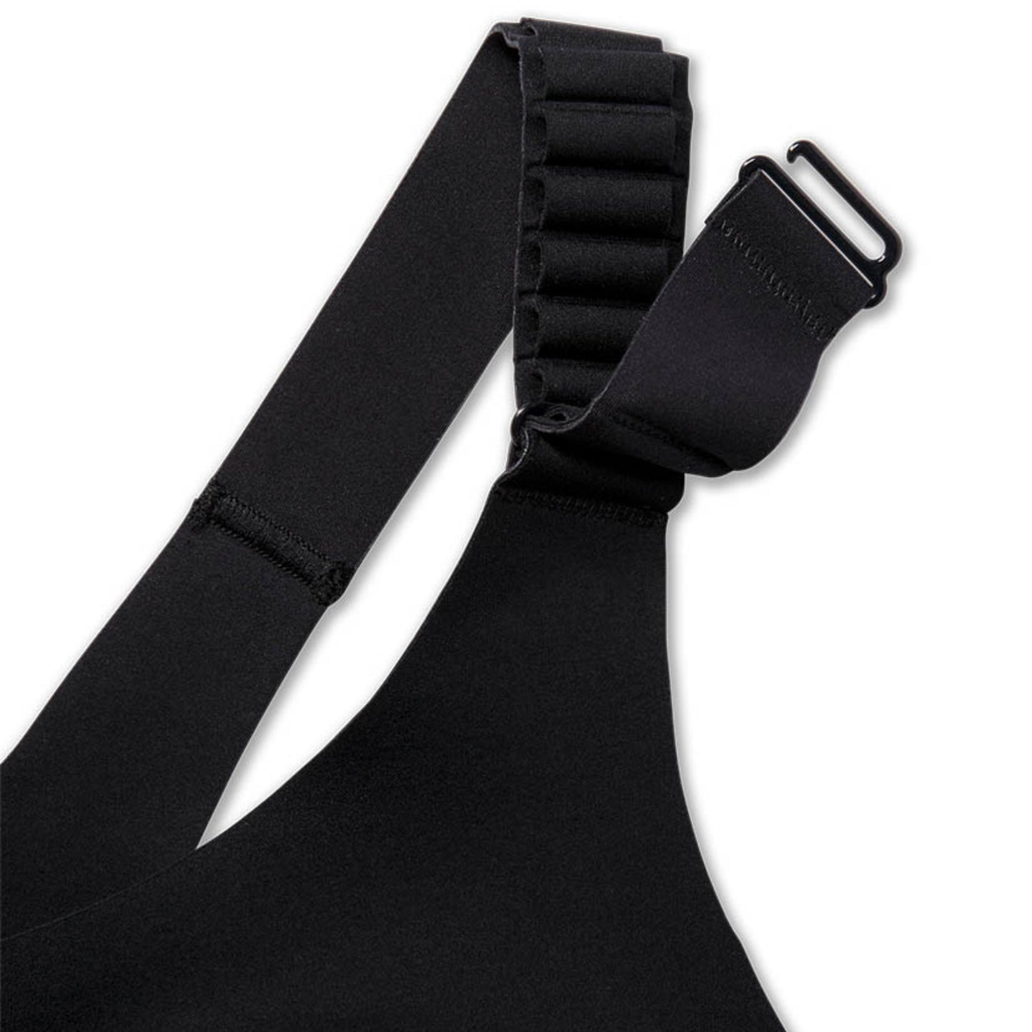 Close-up of a black adjustable sports bra strap with a hook-and-loop closure and elasticized band, shown on a white background.