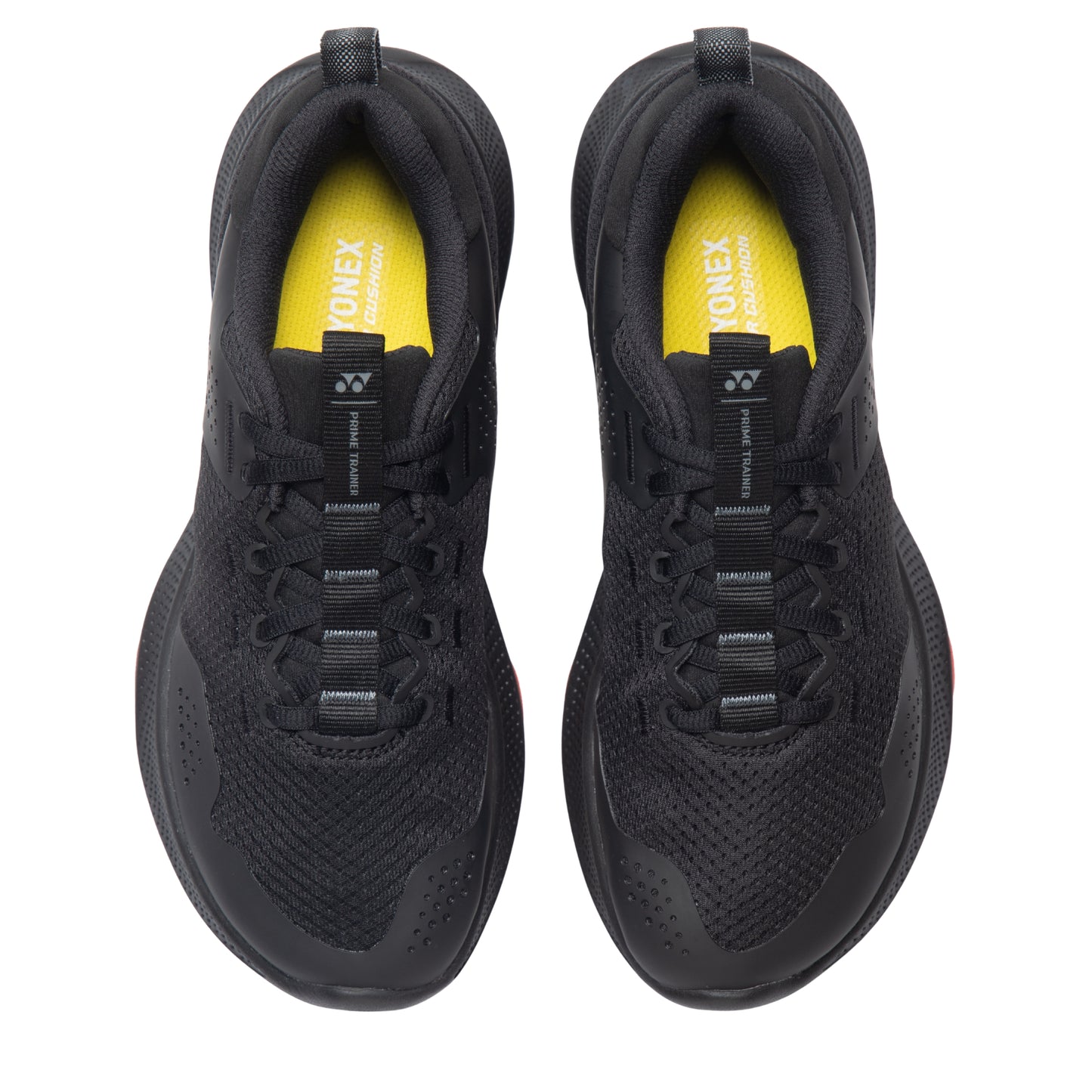 Black Yonex running shoes with yellow accents on a white background