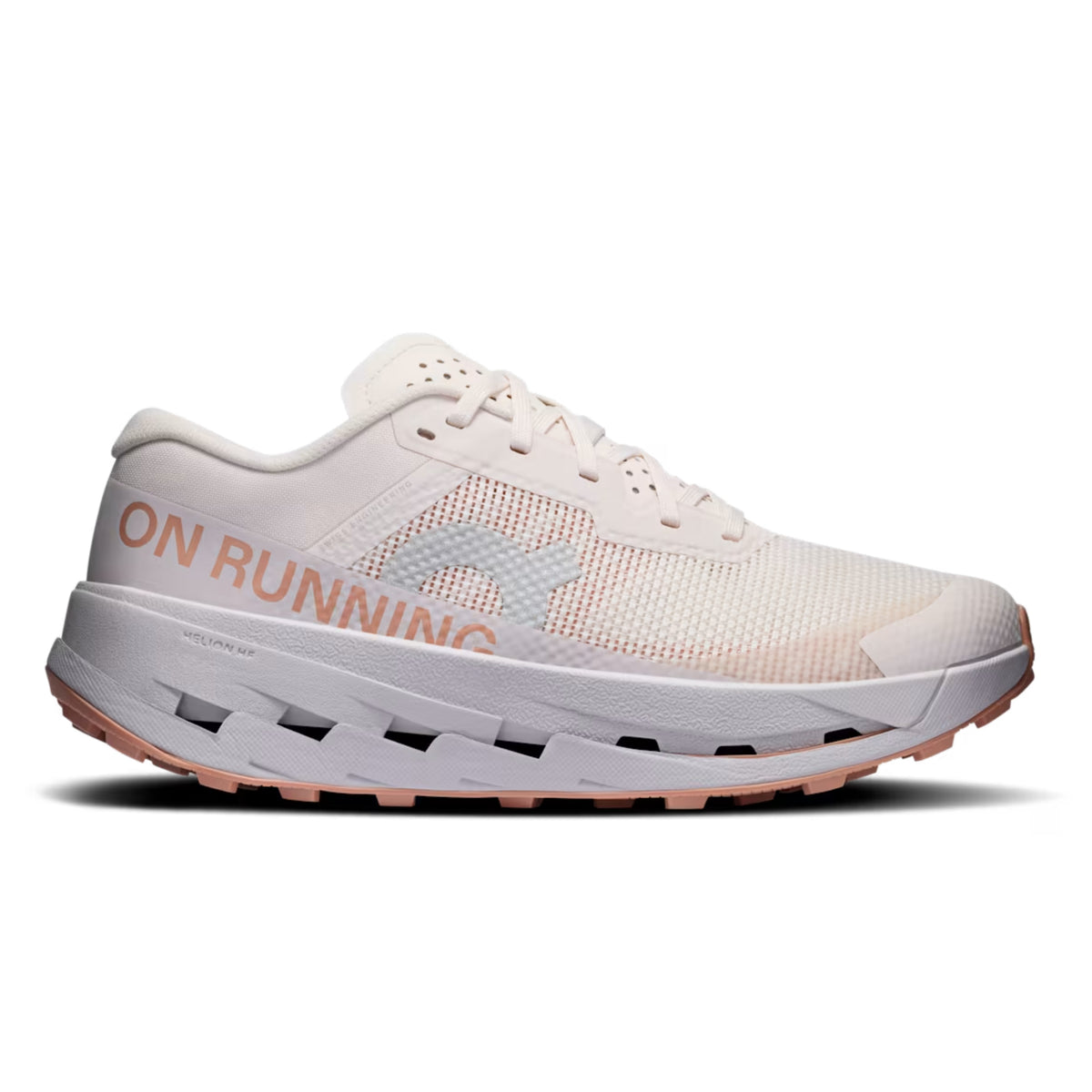 A white and light pink running shoe with 'ON RUNNING' printed in pink on the side, shown in a side profile against a white background.