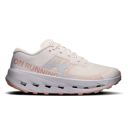 A white and light pink running shoe with 'ON RUNNING' printed in pink on the side, shown in a side profile against a white background.