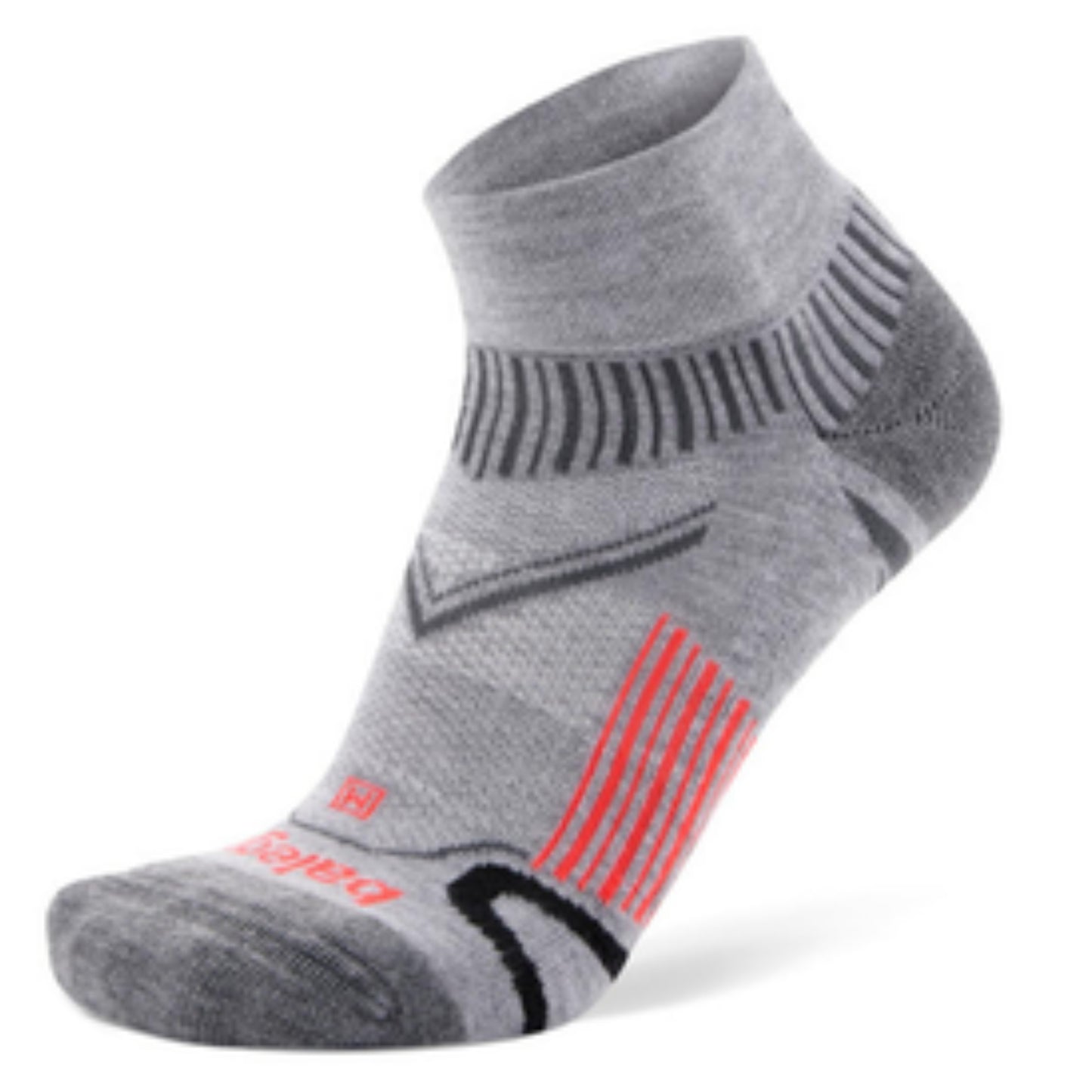 Gray athletic sock with red accents on a white background