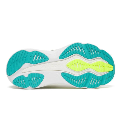 The outsole of a white Saucony running shoe featuring bright teal and neon yellow-green tread patterns, with the brand name 'Skechers' embossed on the white midsole.