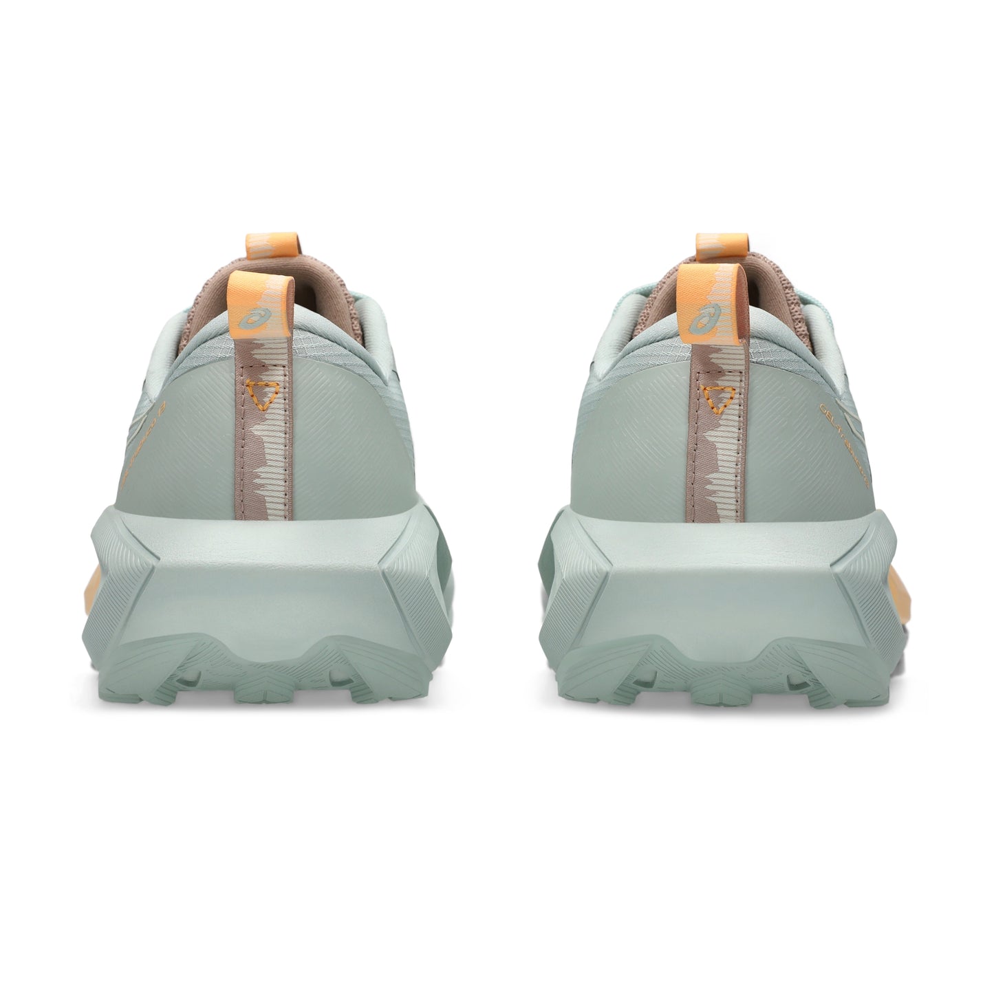 Asics running shoe with green and warm yellow tan accents 