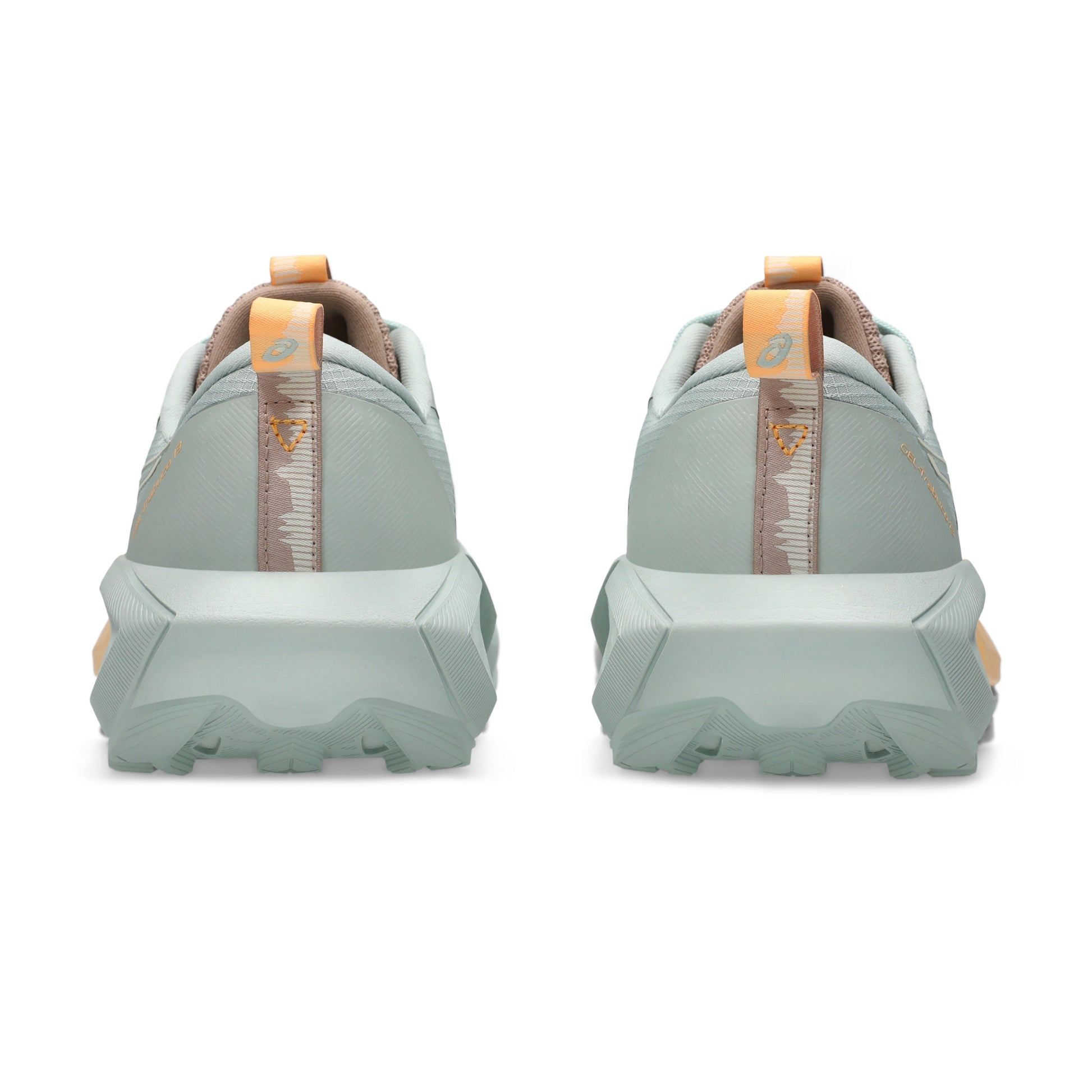 Asics running shoe with green and warm yellow tan accents 