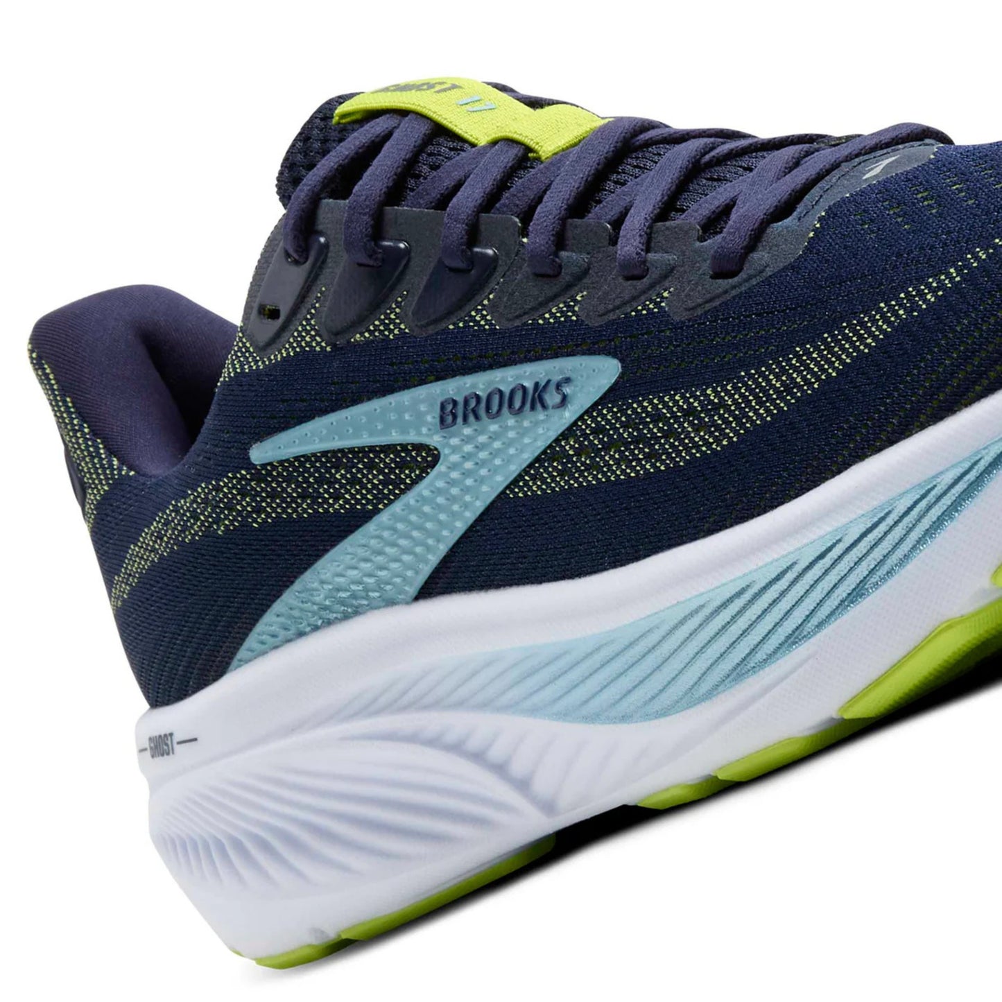 Blue and light blue Brooks running shoe with green accents on a white background