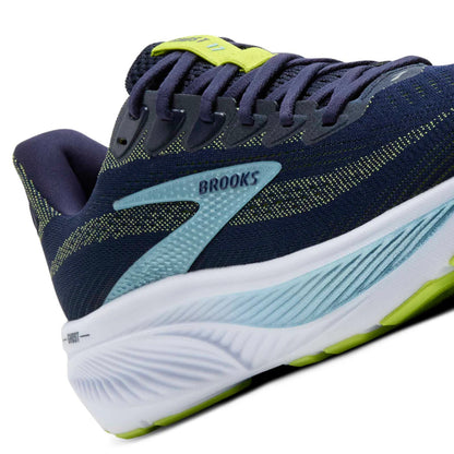 Blue and light blue Brooks running shoe with green accents on a white background