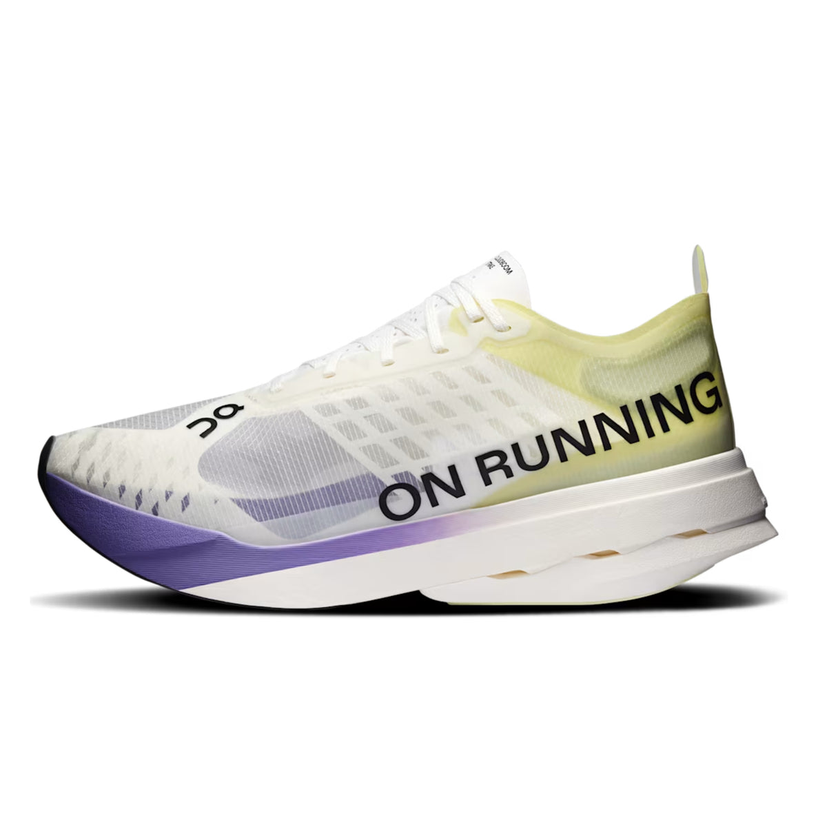 A single On running shoe shown in a side profile view against a white background. The shoe features a white mesh upper with a pale yellow heel section, a purple gradient midsole accent, and black 'ON RUNNING' branding printed on the side.