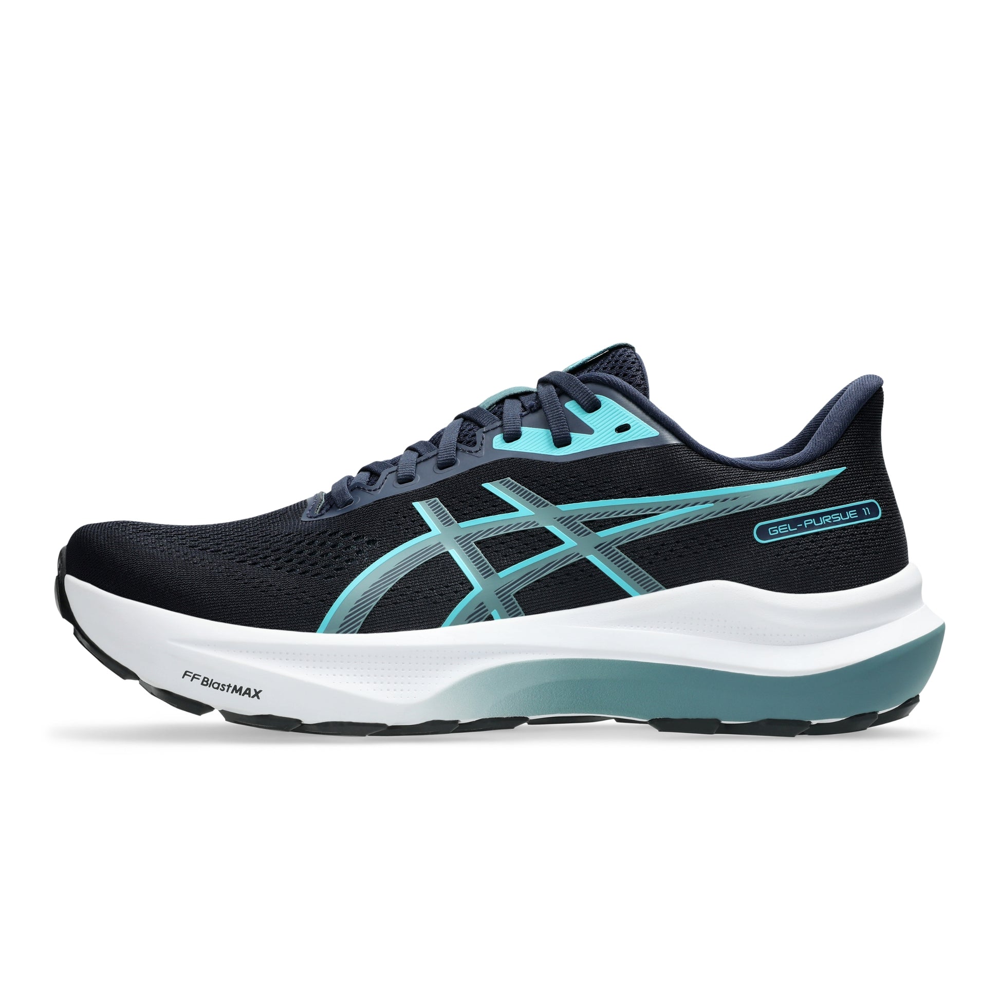 Navy Asics running shoes with Light blue accents on a white background