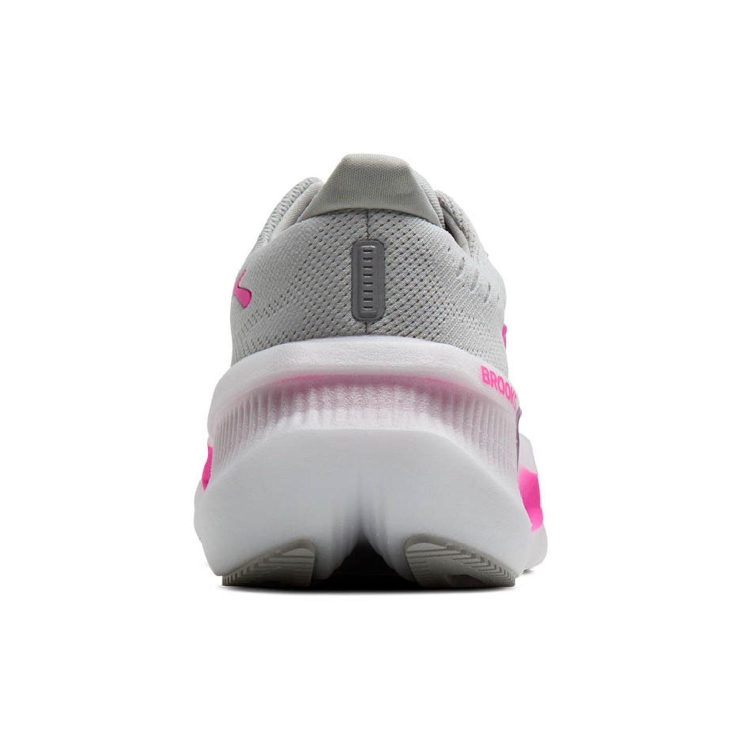 Back view of a Brooks running shoe with white and pink accents