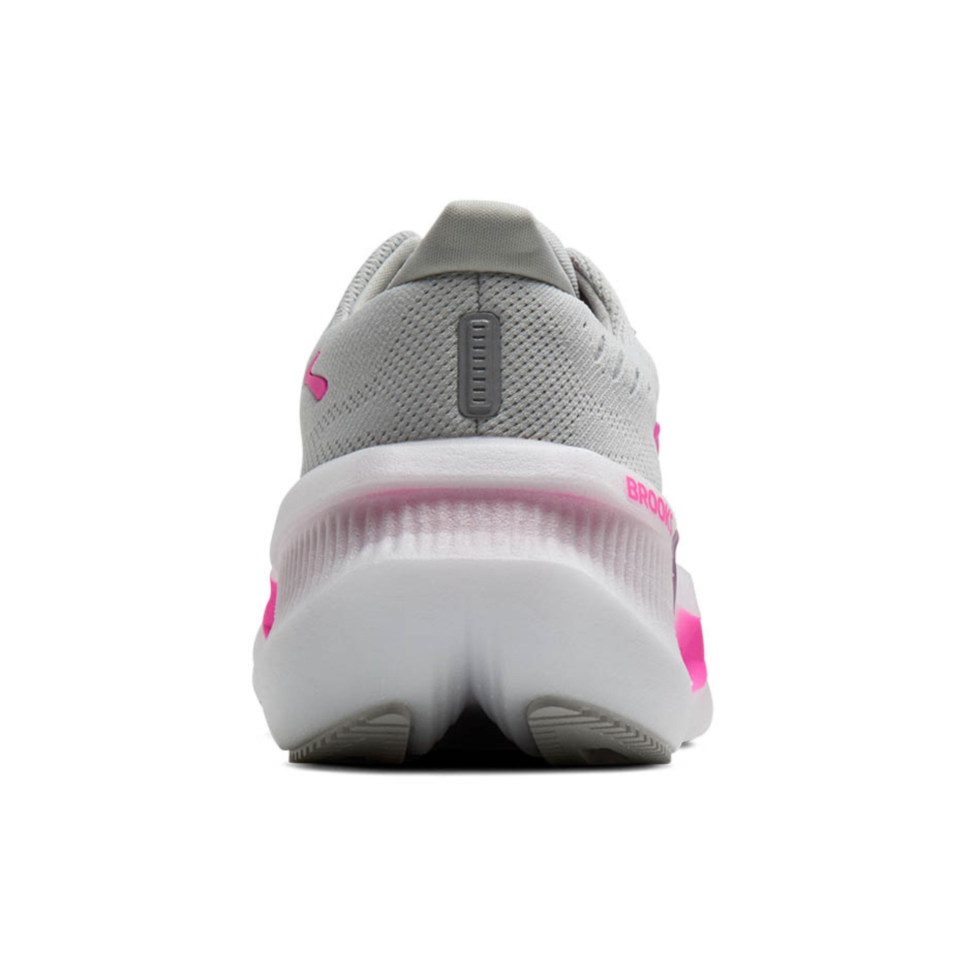 Back view of a Brooks running shoe with white and pink accents