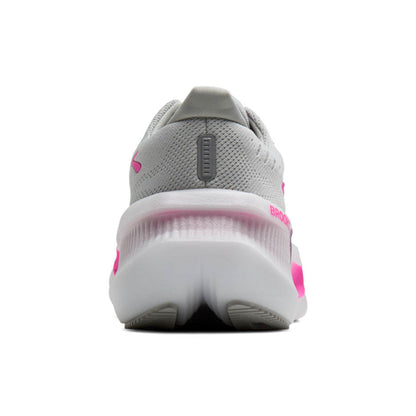 Back view of a Brooks running shoe with white and pink accents