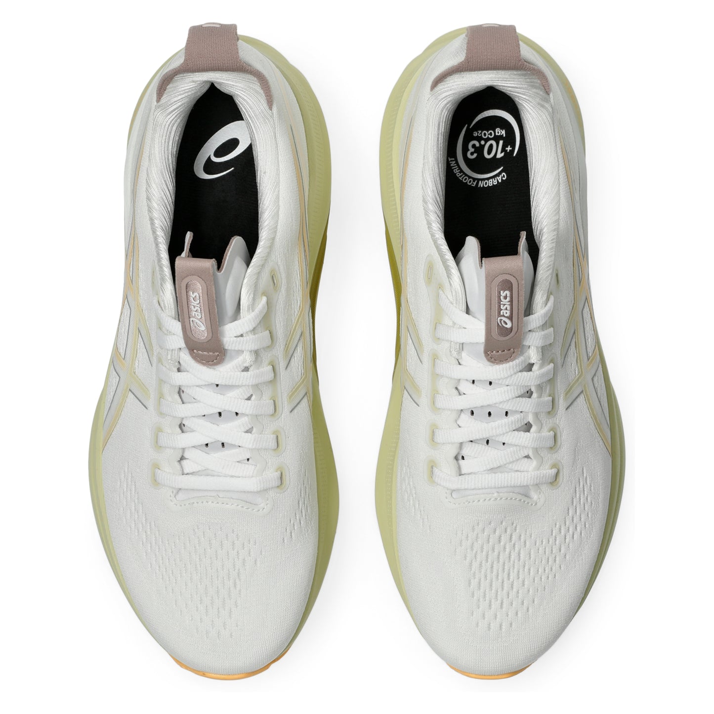 White Asics running shoes with beige accents on a white background
