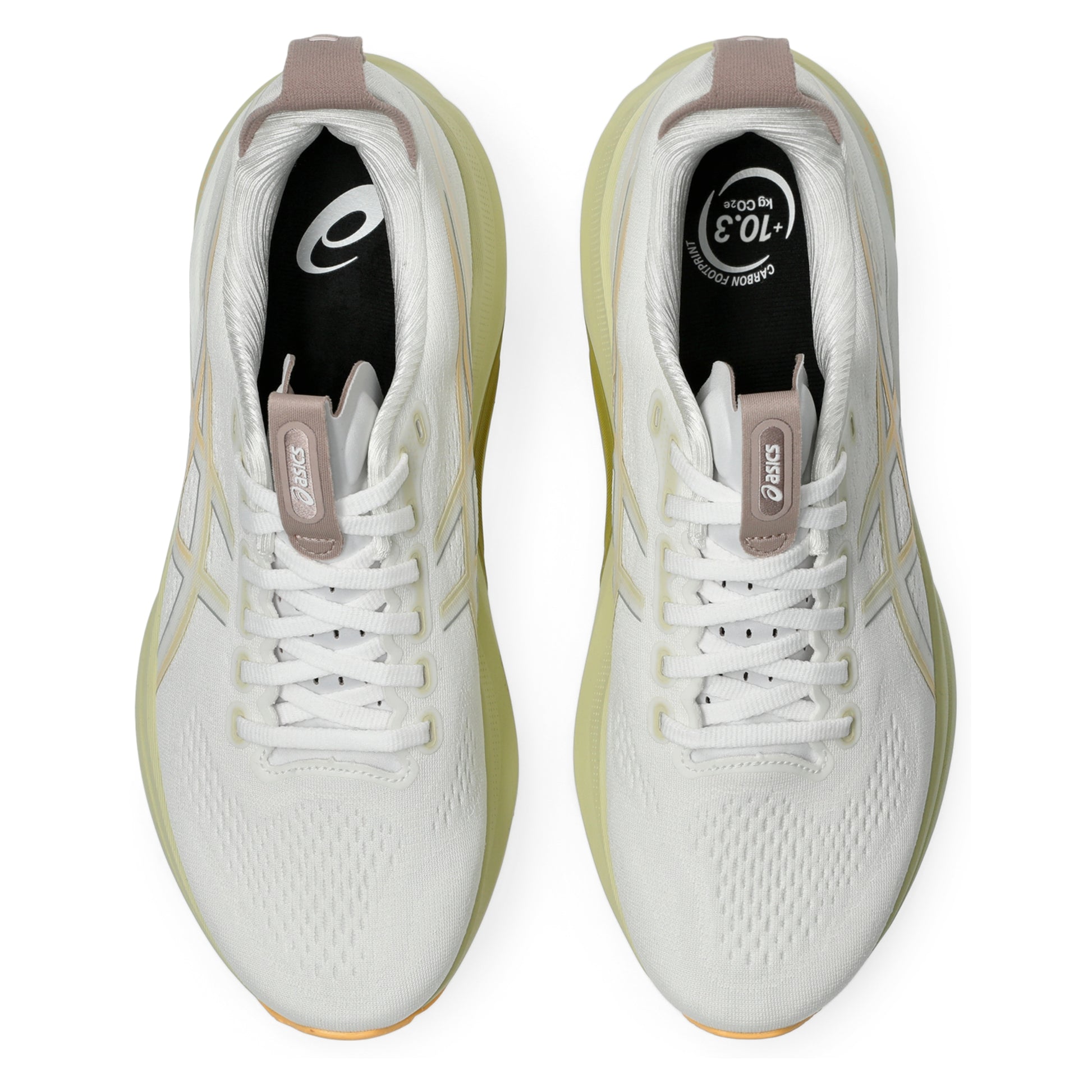 White Asics running shoes with beige accents on a white background