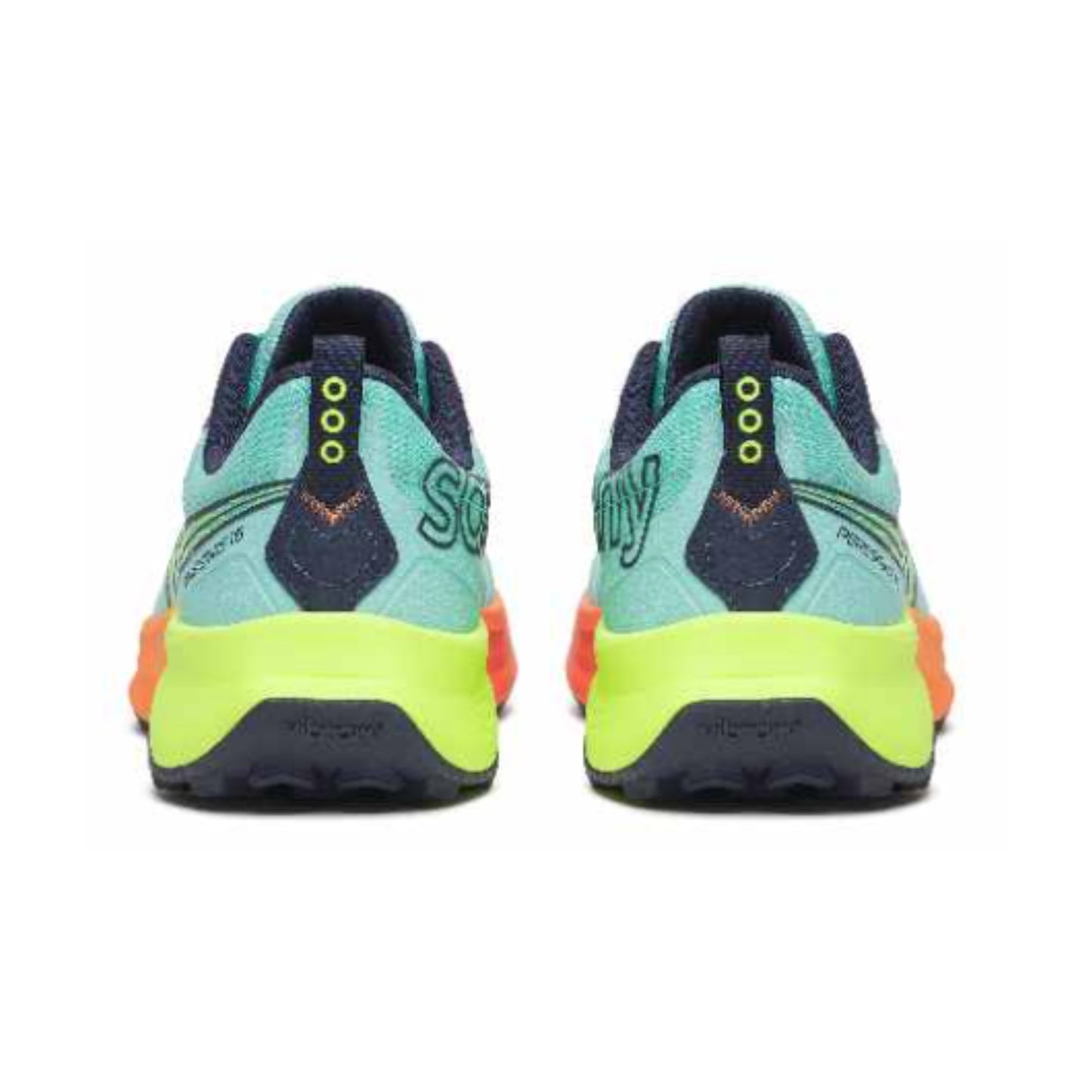 Blue and orange running shoes back of the shoe