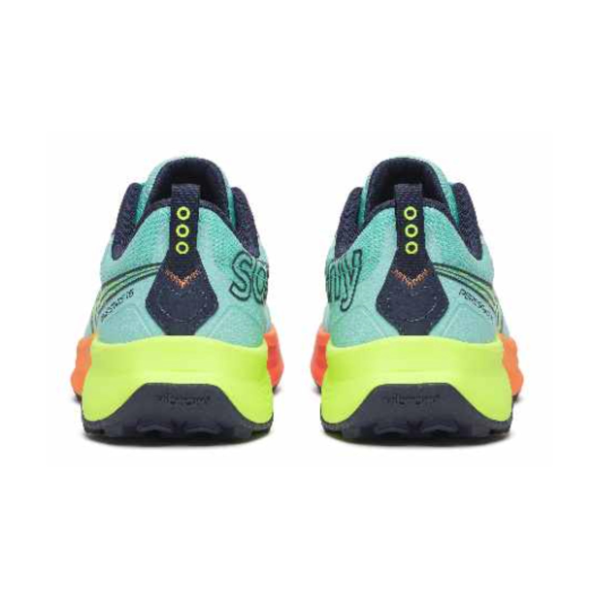 Blue and orange running shoes back of the shoe