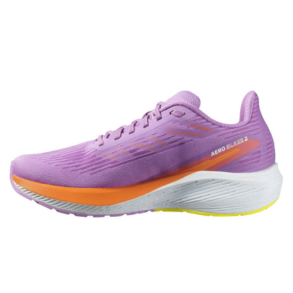 Purple Salomon running shoe with orange accents on a white background