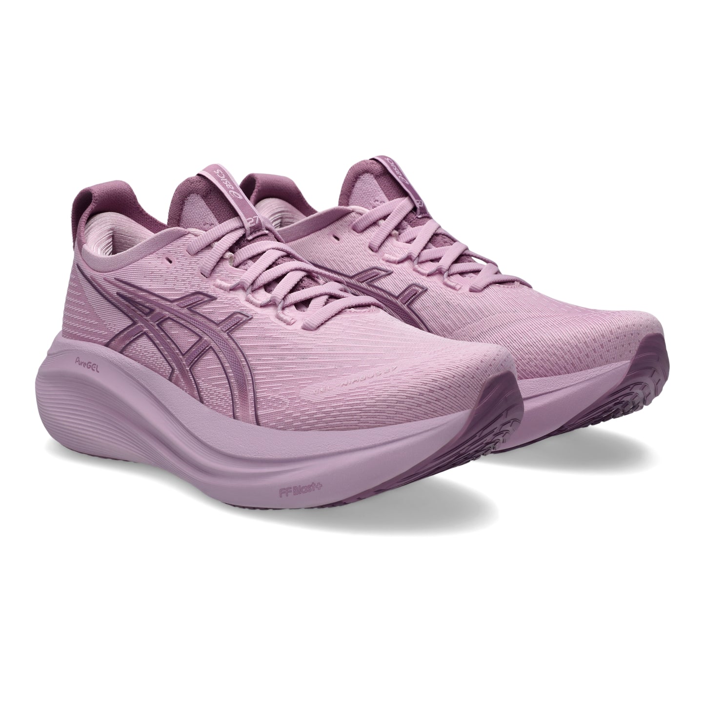 Pair of light ube running shoes on a white background