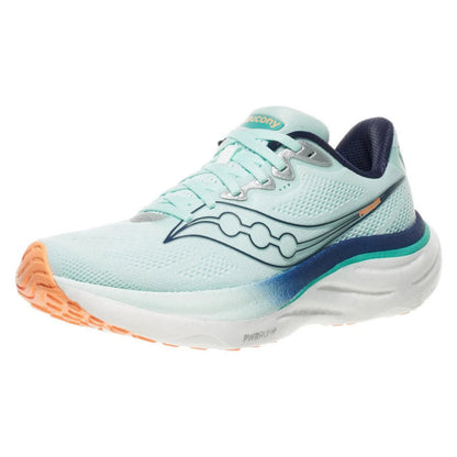 Light blue Saucony running shoe with dark blue accents on a white background