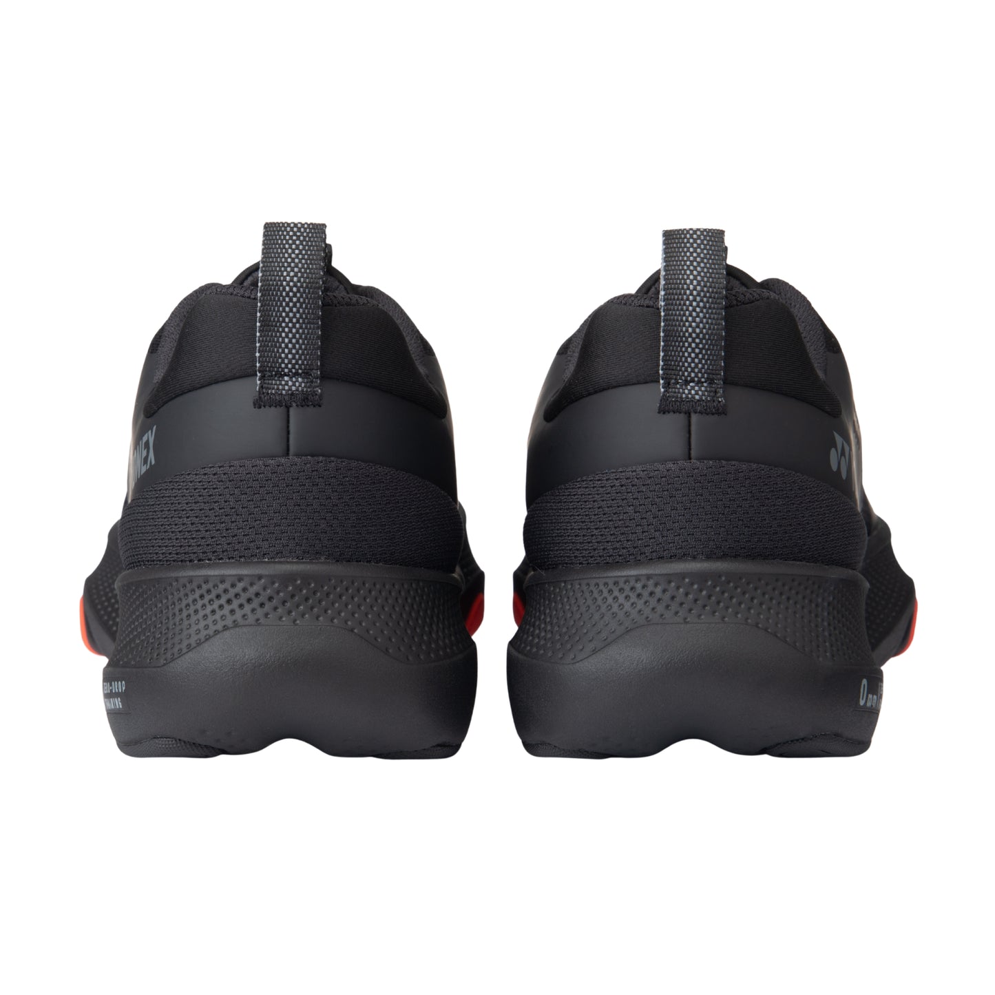 Black Yonex running shoes with a focus on the sole and back design on a white background