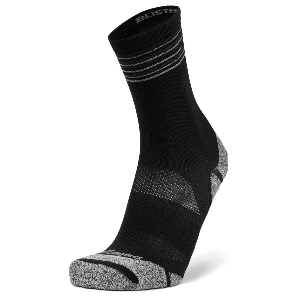 A single black athletic crew sock with gray heather accents on the toe, heel, and compression zones, featuring the brand name 'BLISTER' printed in gray on the cuff.