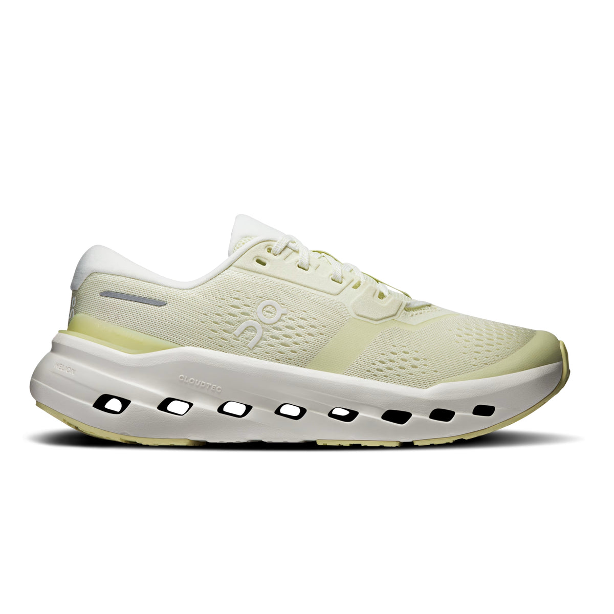 A single On running shoe in a pale yellow-green and white colorway, shown from the side against a solid white background.