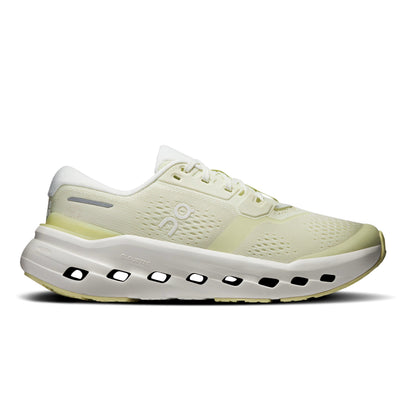 A single On running shoe in a pale yellow-green and white colorway, shown from the side against a solid white background.