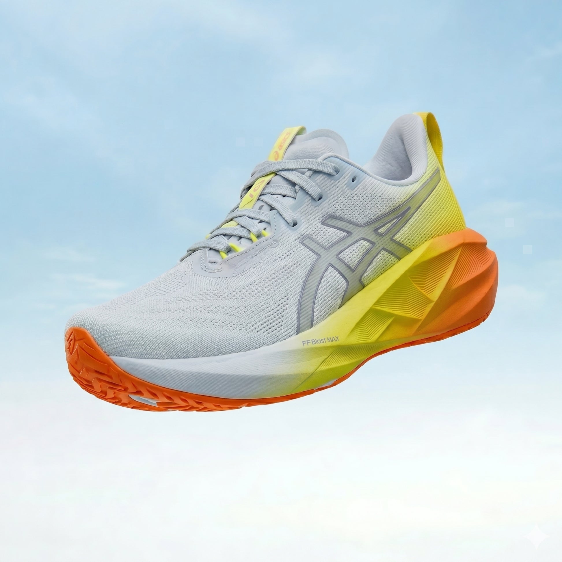 A close-up view of a Asics running shoe on a light blue background