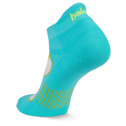 Turquoise Balega ankle sock with white and green design on a white background