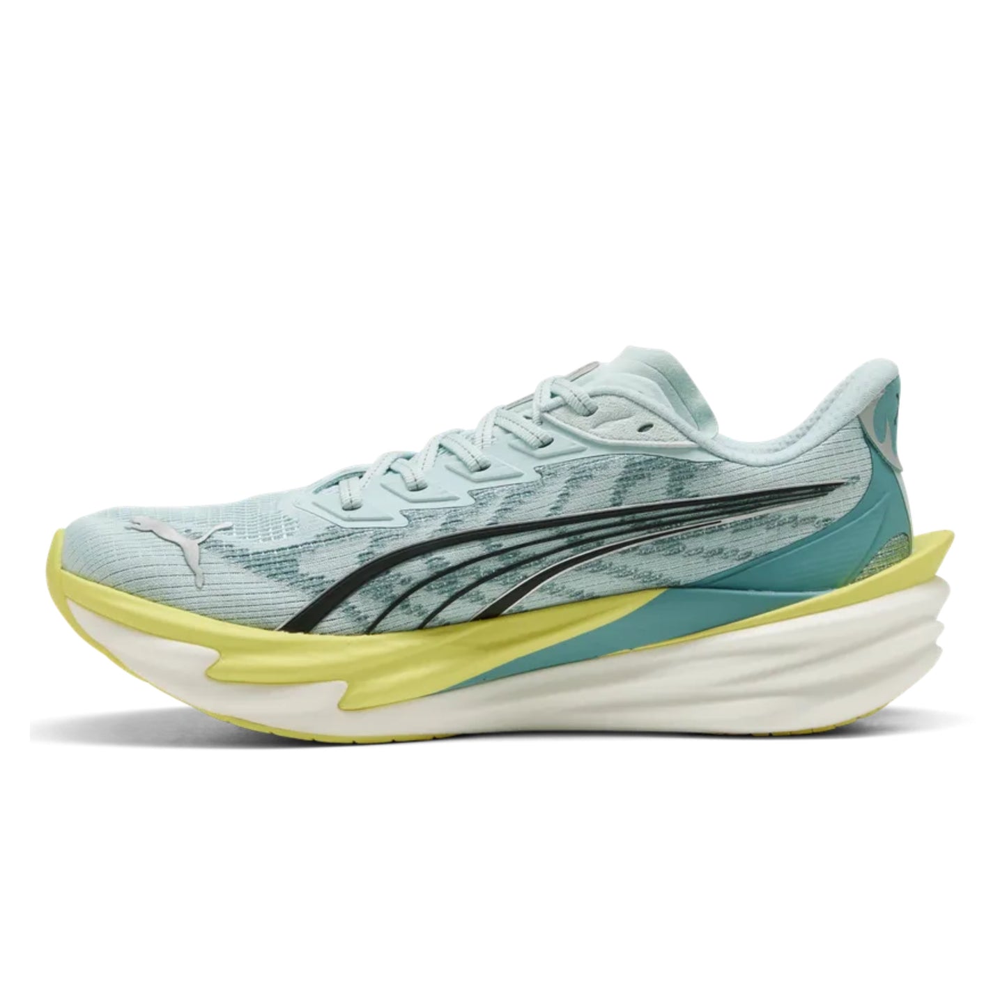 Light blue Puma running shoe with yellow accents on a white background