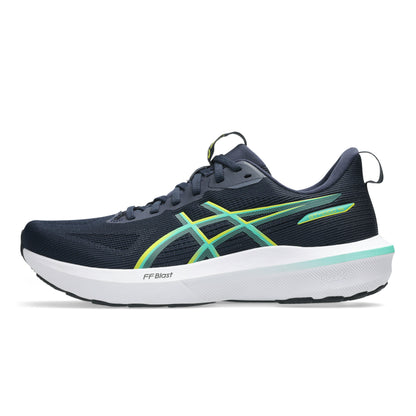 Navy running shoe with green accents on a white background