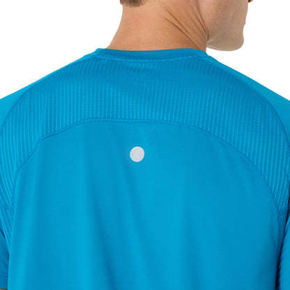 Close-up of a blue Asics running shirt with a silver dot on a white background