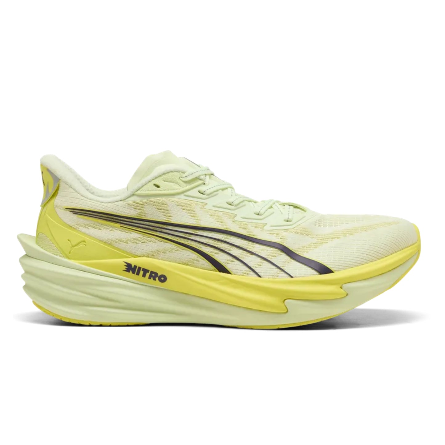 Yellow Puma running shoe with 'Nitro' branding on a white background