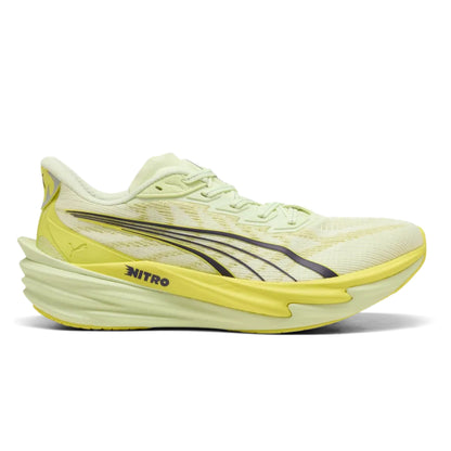 Yellow Puma running shoe with 'Nitro' branding on a white background