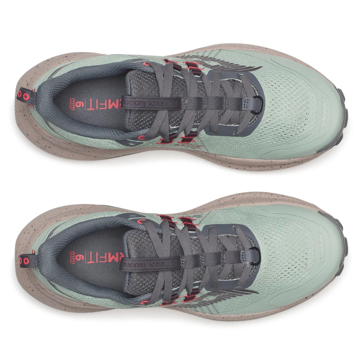 Pair of green running shoes with gray soles on a white background