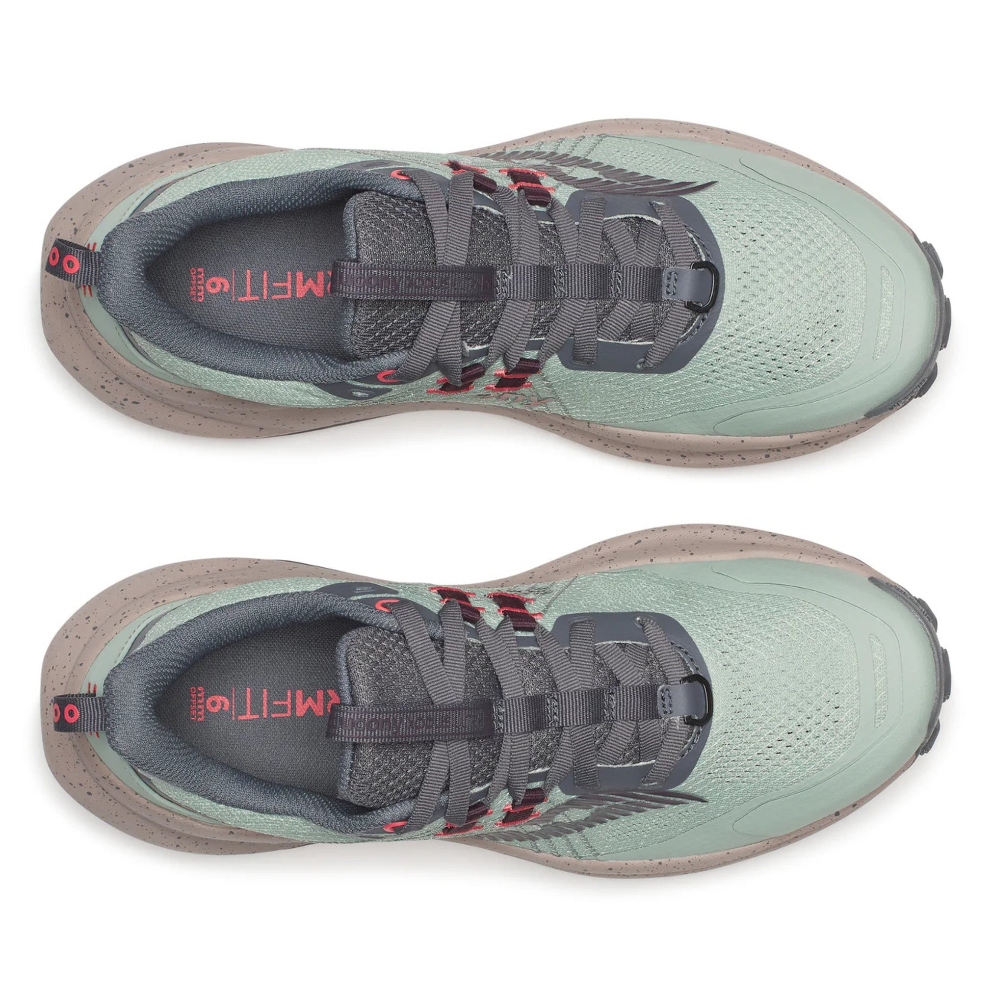 Pair of green running shoes with gray soles on a white background