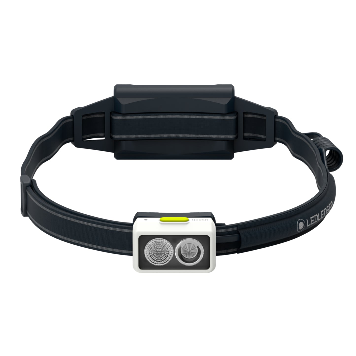 Black LED headlamp with a white label on a white background