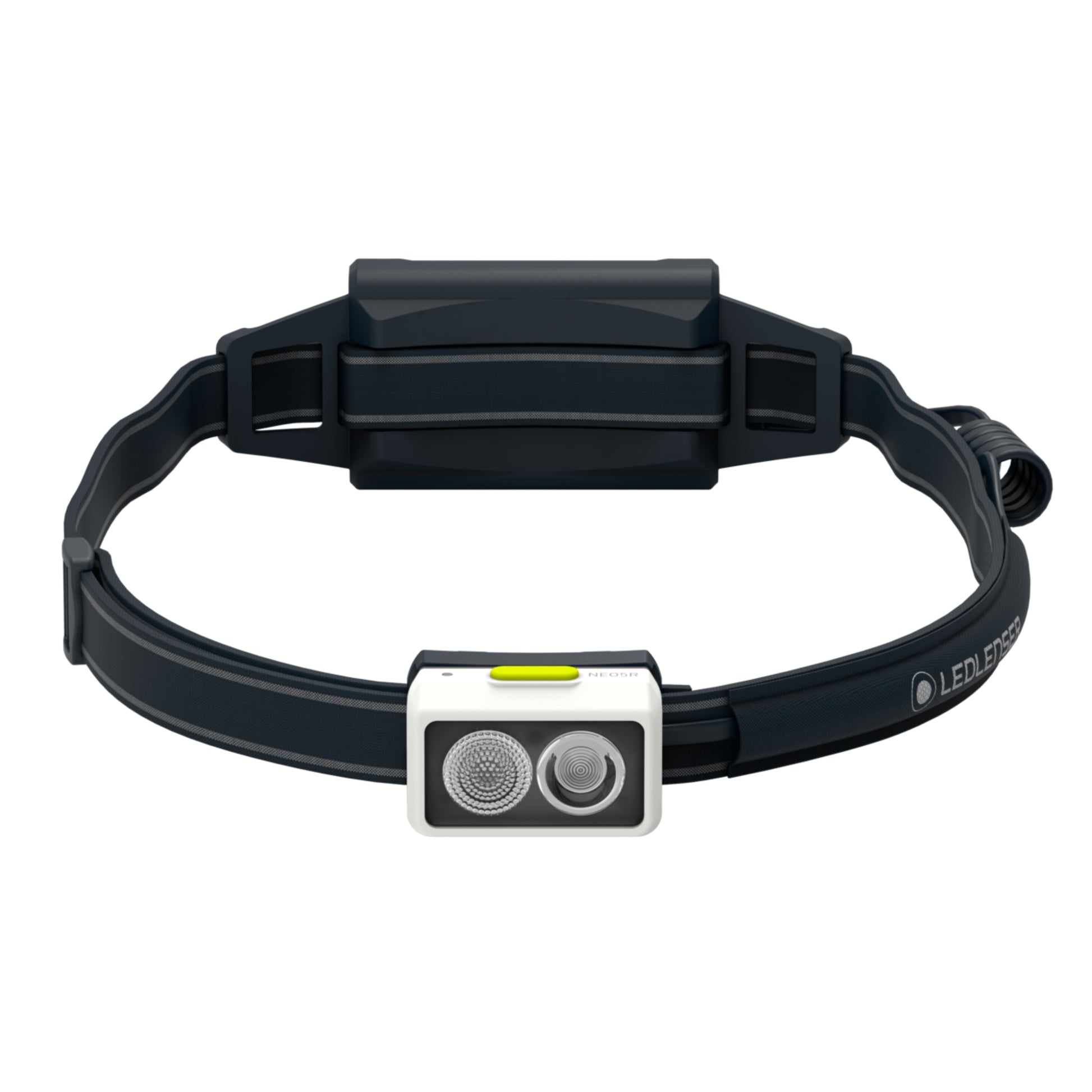 Black LED headlamp with a white label on a white background