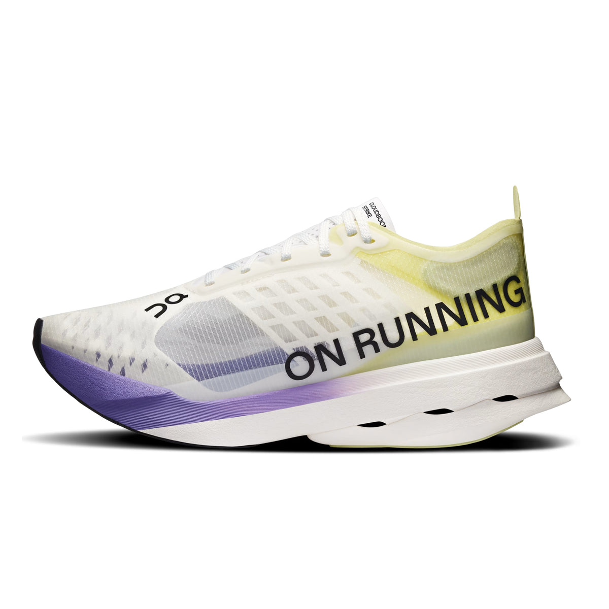 A side profile view of an On running shoe in white, yellow, and purple. The shoe features a white mesh upper with a yellow gradient heel, a purple midsole accent, and 'ON RUNNING' printed in black on the side.