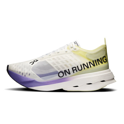 A side profile view of an On running shoe in white, yellow, and purple. The shoe features a white mesh upper with a yellow gradient heel, a purple midsole accent, and 'ON RUNNING' printed in black on the side.