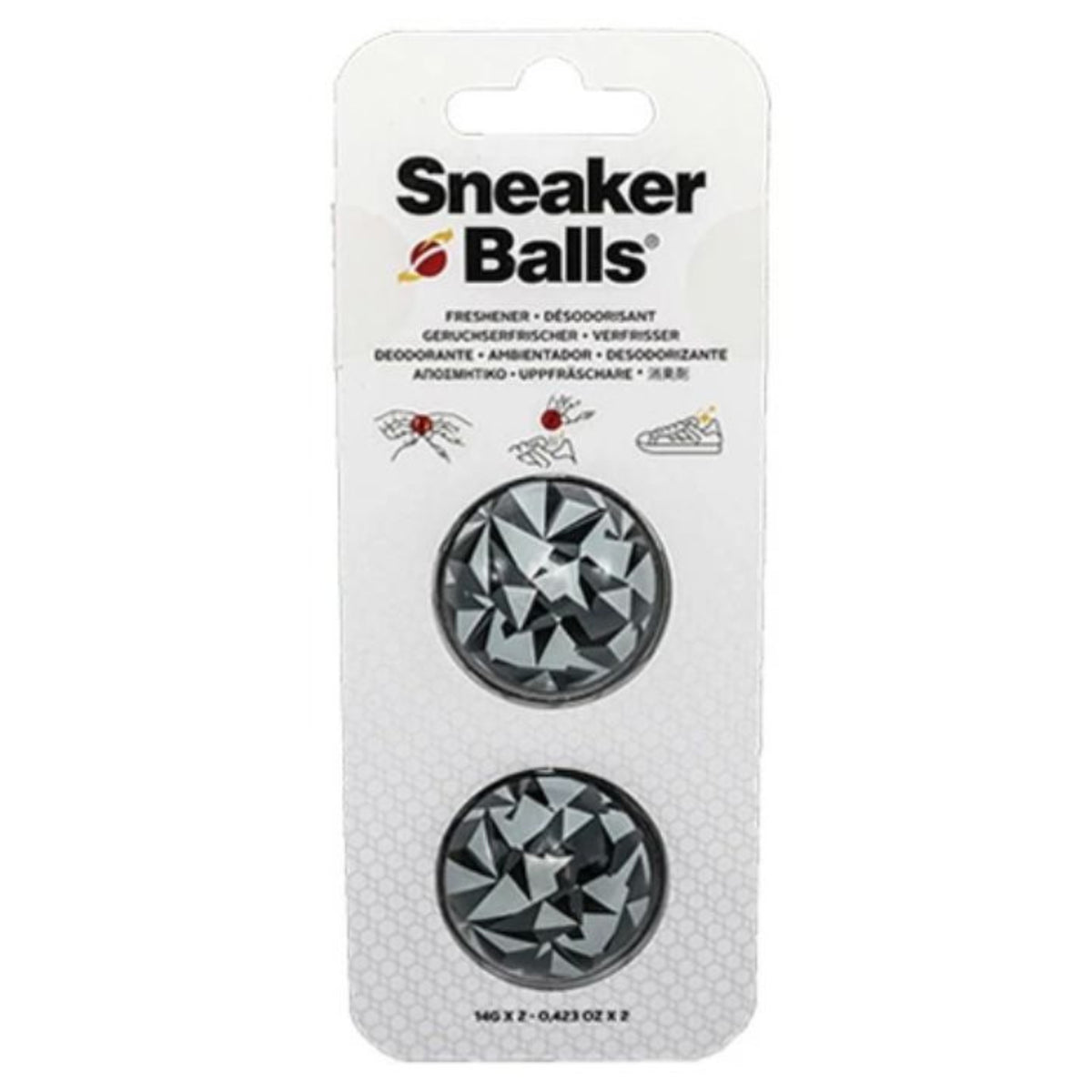 Sneaker Balls packaging with two black and gray geometric-patterned balls on a white background.