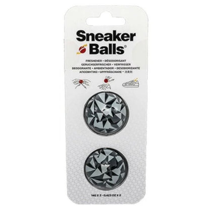 Sneaker Balls packaging with two black and gray geometric-patterned balls on a white background.