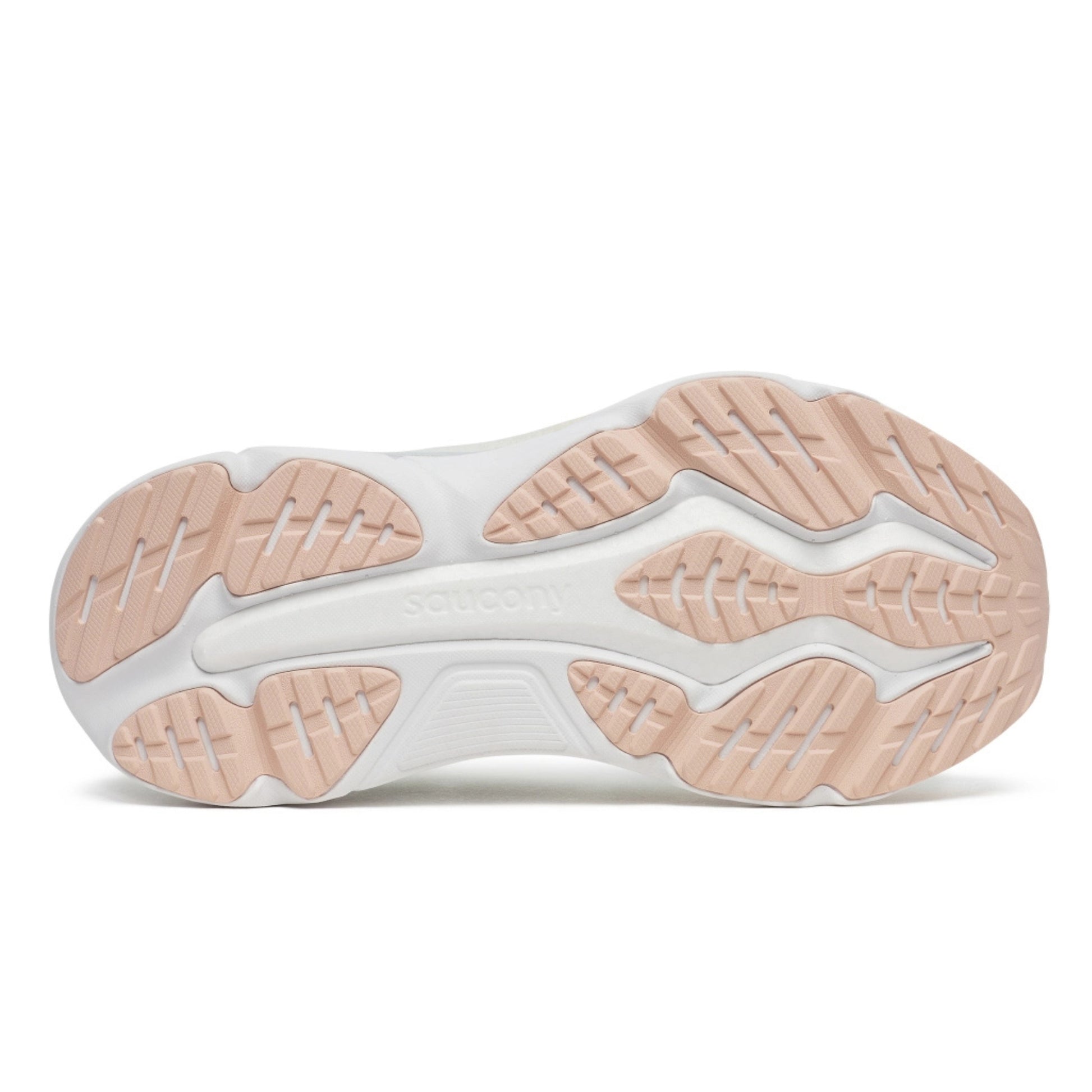 Close-up of a Saucony running shoe sole with white and beige tread pattern on a white background