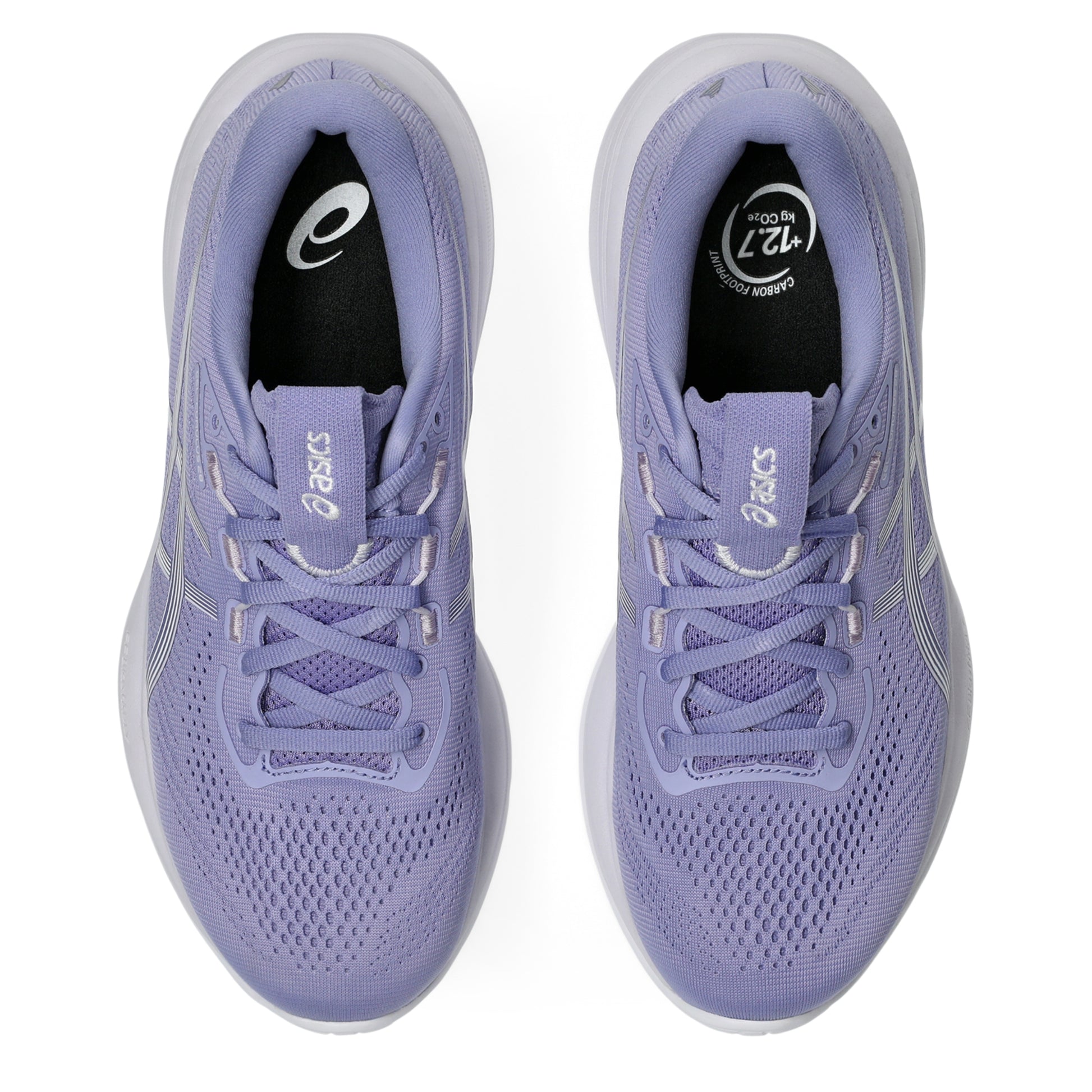 Pair of purple Asics running shoes with white soles on a white background