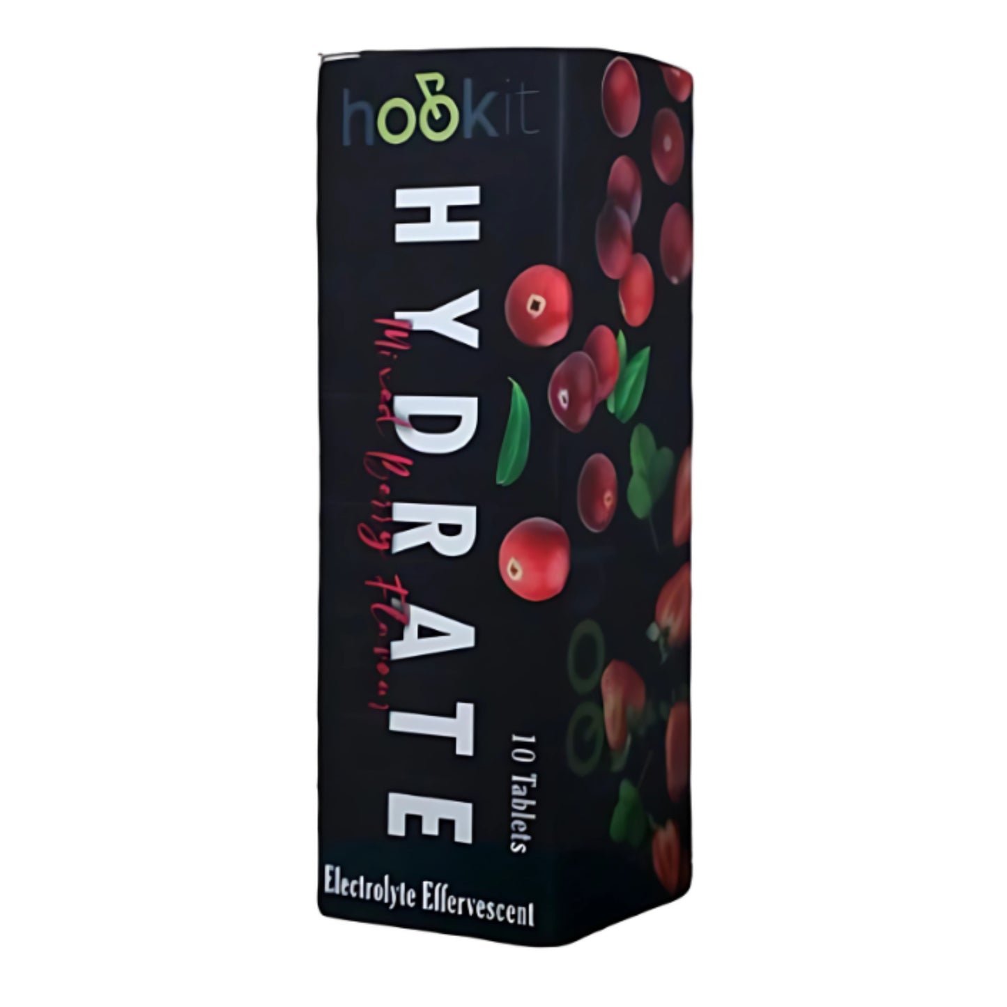 Box of Hydrate electrolyte effervescent tablets with fruit illustration on a white background