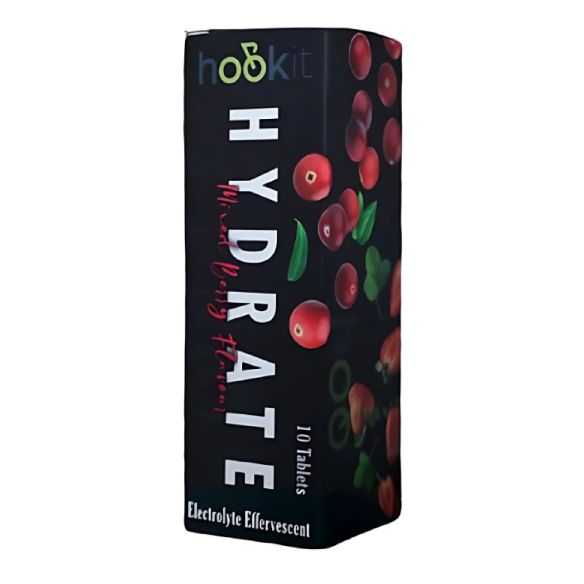 Box of Hydrate electrolyte effervescent tablets with fruit illustration on a white background