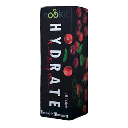 Box of Hydrate electrolyte effervescent tablets with fruit illustration on a white background