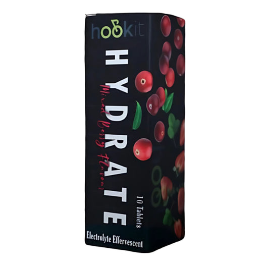 Box of Hydrate electrolyte effervescent tablets with fruit illustration on a white background