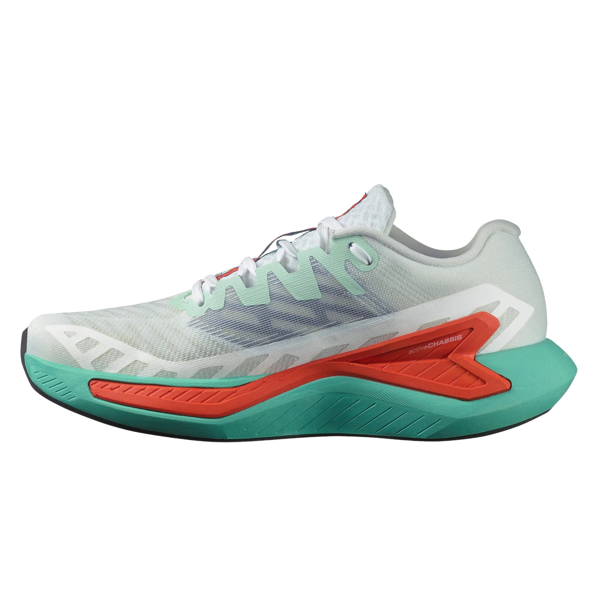White running shoe with red and green sole on a white background